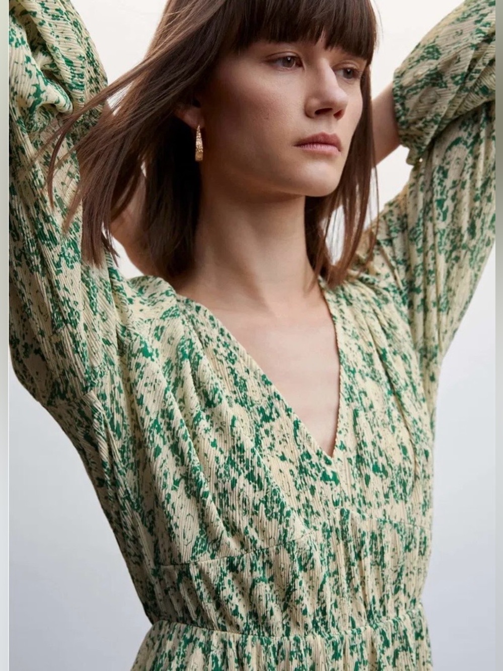 Mango MNG Mini Dress Womens Green Cream NWOT Flowy Floral Long Sleeve 6 - Picture 2 of 9